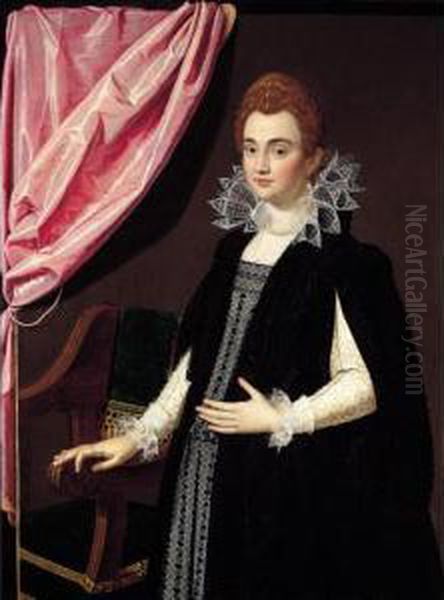 A Trompe L'oeil Portrait Of A 
Noblewoman, Possibly Maria De' Medici, Three-quarter Length, Standing 
Before A Chair Oil Painting by Scipione Pulzone