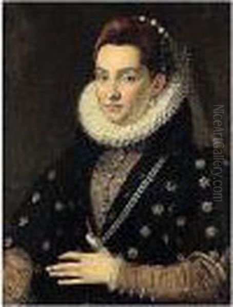 Portrait Of A Lady, Possibly 
Lucrezia Colonna, Half Length, Wearing A Black Dress With Gold Sleeves 
And High Lace Ruff Oil Painting by Scipione Pulzone