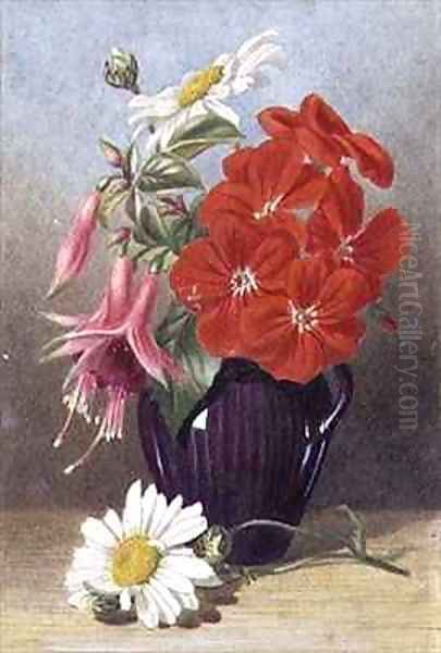 Geraniums and Fuchsias in Glazed Purple Jug Oil Painting by Mary Elizabeth Duffield