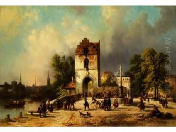 Stadtansicht Mit Gotischem 
Treppenturm, Saulenbrunnen Und Flanierenden Personen Auf Dem Vorplatz Oil Painting by Josef Carl Berthold Puttner