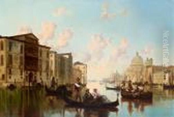 Venezia - Canale Animato Dal 
Passaggio Delle Gondole Con Santa Maria Della Salute Sullo Sfondo Oil Painting by Josef Carl Berthold Puttner