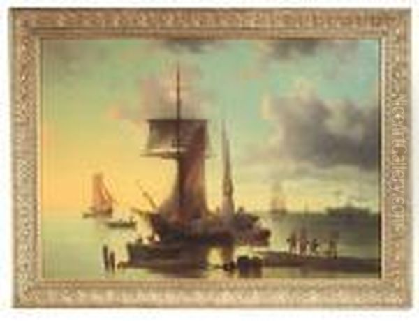 Sailing Boats At Sunset 
Returning Into The Harbour. Oil/canvas, On One Of The Ship's Rail Signed Oil Painting by Josef Carl Berthold Puttner