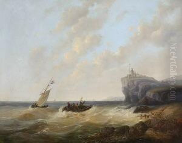 Fischerboote Vor Felsiger
 Meereskuste. Oil Painting by Josef Carl Berthold Puttner