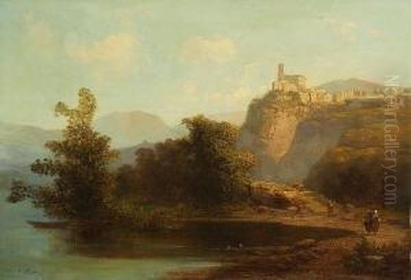 Sudliche Uferlandschaft Mit
 Figurenstaffage. Oil Painting by Josef Carl Berthold Puttner