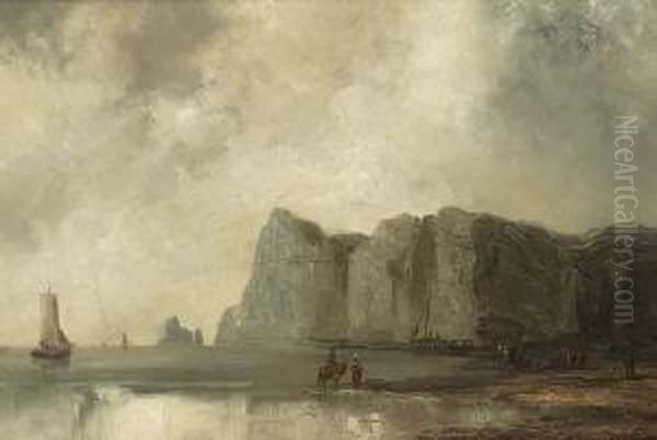 Kustenlandschaft Mit
 Fischern. Oil Painting by Josef Carl Berthold Puttner