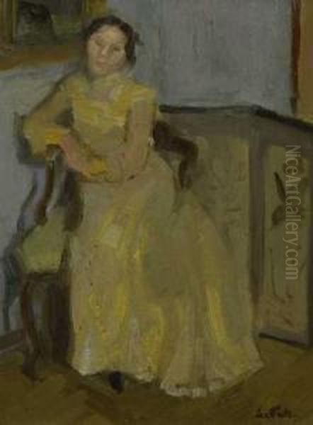 Sitzende Dame Vor Einem Paravent. Um 1900 Oil Painting by Leo Putz