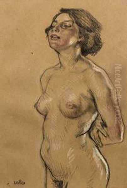 Auf Grostenteils Frei 
Gelassenem, Die Bildwirkung Bestimmenden Grund Komponierter Akt, Dessen 
Korper Mit Kraftig Umreisenden Strichen, Akzentuierenden, Sich 
Verdichtenden Strichlagen, Schraffuren Und Lavierungen Modelliert Wird. 
Impressionistische Oil Painting by Leo Putz