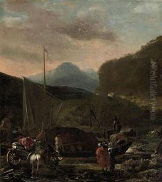 A River Landscape With A Ship 
Carrying Cargo, Travellers With Theirhorse And Cart On A Bank Oil Painting by Adam Pynacker
