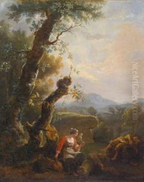 Eine Bauerin Mit Einem 
Spinnrocken Und Ein Schlafender Bauer In Einer Bewaldeten Landschaft Oil Painting by Adam Pynacker