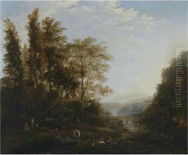 A Forest Landscape With 
Shepherds Resting With Their Cattle In The Foreground, An Aqueduct 
Beyond Oil Painting by Adam Pynacker