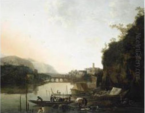 An Italianate River Landscape 
With A Capriccio View Of A Town And A Broken Bridge Beyond, A Ferry-boat
 And Bathers In The Foreground Oil Painting by Adam Pynacker