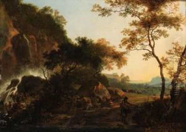 An Italianate Landscape With A 
Traveller On A Path By A Waterfall,a Drover And Cattle Beyond Oil Painting by Adam Pynacker