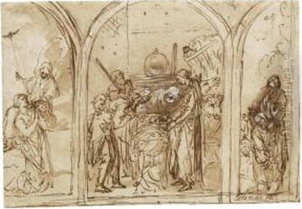 Study For An Altar With The 
Adoration Of The Shepherds, Flanked By The Annunciation And The Baptism 
Of Christ Oil Painting by Jan Pynas