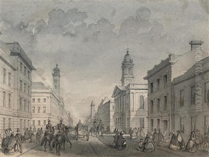 Mounted Guardsman, Elegant 
Figures And A Carriage On A Crowdedstreet, Thought To Be Dublin Oil Painting by George Pyne