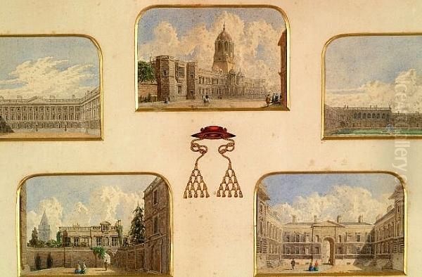 Five Views Of Christ Church, 
Oxford, To Include Peckwater Quad, Tom Tower From St Aldates, And Tom 
Quad Oil Painting by George Pyne
