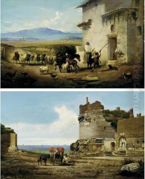 The Round-up And Traveler At Rest: Two Paintings Oil Painting by Carel Max Gerlach Quaedvlieg