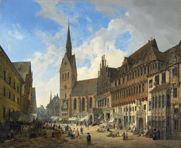 Marktkirche St. Georgii Et Jacobi, Marktplatz Und Rathaus In Hannover Oil Painting by Domenico II Quaglio