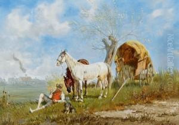 Landschaft Mit Einem Rastenden 
Bauern Und Seinemhund. Daneben Zwei Pferde Und Ein Heuwagen Oil Painting by Franz Quaglio