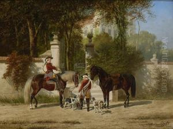 Parforcejager Mit Hunden Am
 Parktor. Oil Painting by Franz Quaglio