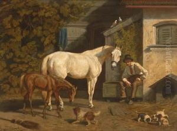 Bauer Mit Stute, Fohlen Und Hunden
 Vor Dem Bauernhaus. Oil Painting by Franz Quaglio