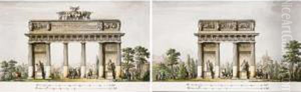 Two Drawings Of A Triumphal Arch
 In A Landscape Near A City, With Soldiers On Horseback And Other 
Figures Oil Painting by Giacomo Quarenghi