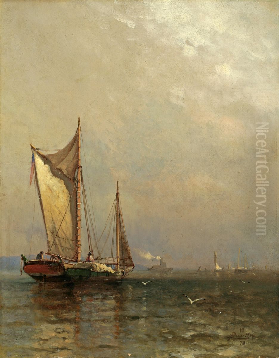 Sailboats On The Hudson Oil Painting by Arthur Quartley