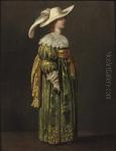 An Elegant Woman, Full-length, 
Standing In Profile, In A Green And Gold Embroidered Dress And Feathered
 Hat Oil Painting by Pieter Jansz. Quast