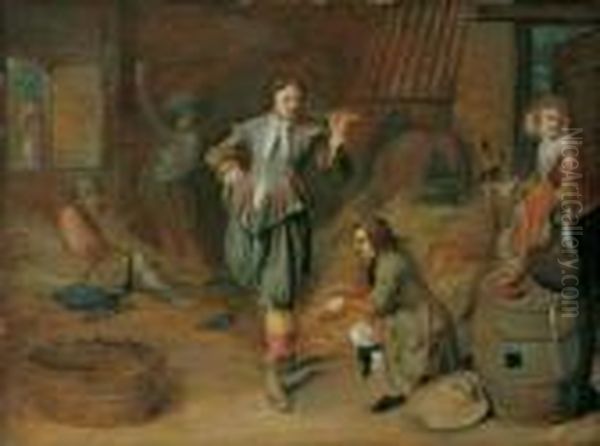 Scheuneninterieur Mit Einem 
Kavalier, Seinem Diener Und Einer Frau, Die Seinen Degen Halt. Oil Painting by Pieter Jansz. Quast