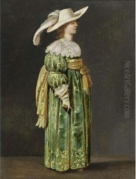 A Portrait Of A Lady, Standing 
Full Length, Wearing A Green Satin Dress With Lace Cuffs And Collar, A 
Yellow Sash, White Gloves, And A White Hat With A Feather Oil Painting by Pieter Jansz. Quast