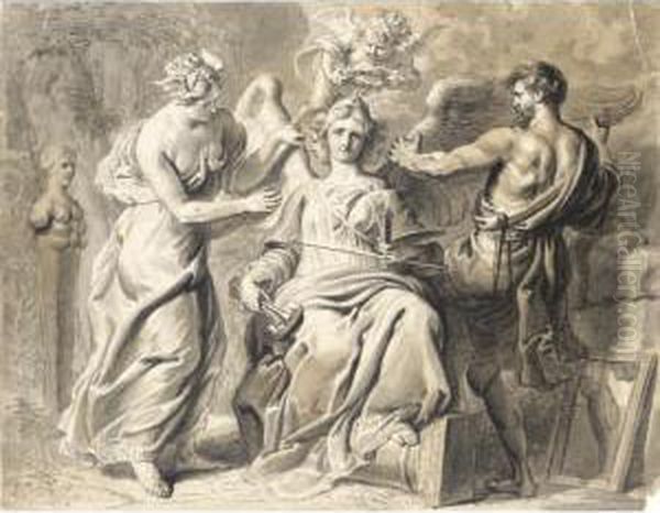 An Allegory Of The Arts, With 
Iris And Geometry Attending The Three-headed Figure Of Painting And 
Sculpture, A Putto Crowning Her With Laurels Oil Painting by Erasmus II Quellin (Quellinus)