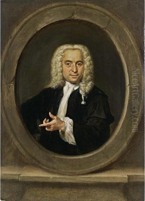 A Portrait Of A Gentleman, 
Standing Bust Length, Wearing A Black Coat, A White Chemise And A Wig, 
In A Stone Cartouche Oil Painting by Jan Maurits Quinkhard