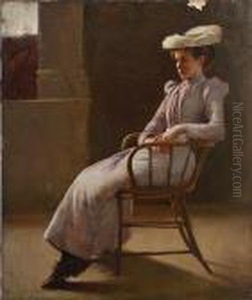 Full Length Seated Study Of A Young Woman Inan Interior Oil Painting by James Peter Quinn