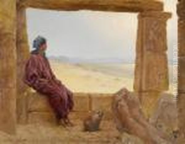 Agyptische Ruinenlandschaft Mit Rastender Orientalin. Oil Painting by Max Friedrich Rabes