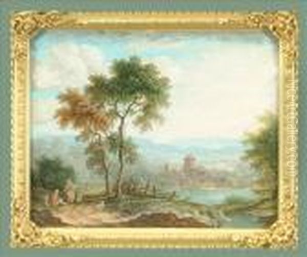 An Extensivelandscape With Travellers Resting Beside The Village Lake Oil Painting by Abraham Rademaker