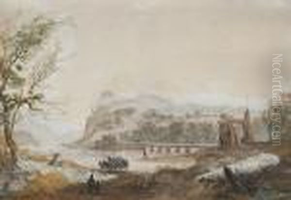 A River Landscape With A Horse 
And Carriage On The Banks And A Figures On A Bridge Beyond Oil Painting by Abraham Rademaker