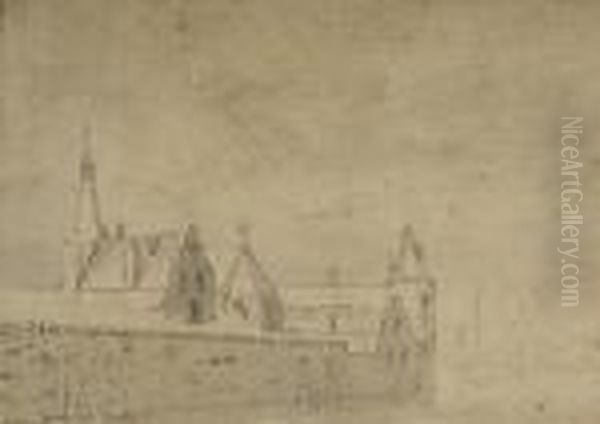 Vue D'une Eglise Et De Quelques 
Habitations Pres D'une Riviere; Et Vue D'une Eglise Et D'un Chateau 
Entoures De Remparts, Des Bateaux A L'arriere-plan Oil Painting by Abraham Rademaker