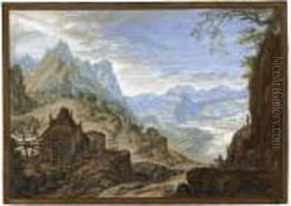 Rhine Landscape, With A 
Watermill To The Left And A Group Of Travellers At A Spring To The Right Oil Painting by Abraham Rademaker