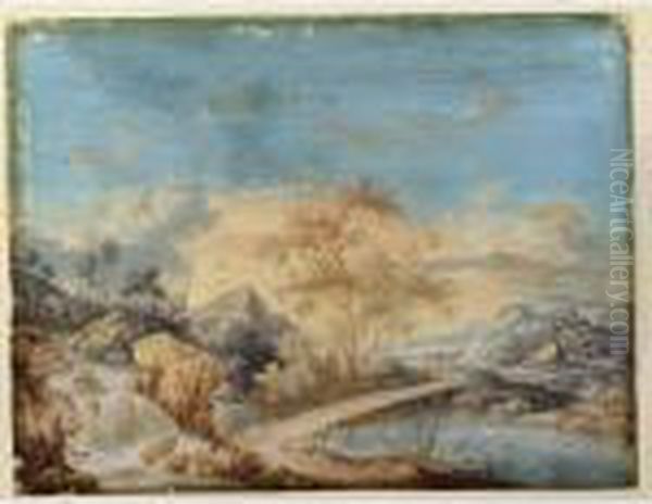 A Mountainous River Landscape 
With A Waterfall In The Foreground And Ruins In The Background Oil Painting by Abraham Rademaker