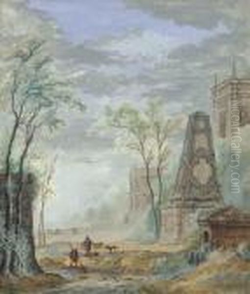Water Carriers Before Classical 
Ruins; And Figures Netting Before Aclassical Monument With A Palazzo 
Beyond (illustrated) Oil Painting by Abraham Rademaker