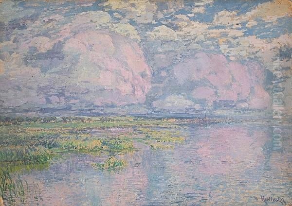 Pink Clouds Over A Marshy River Landscape Oil Painting by Vaclav Radimsky