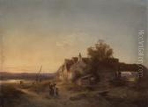 Bauernhaus Im Abendlicht Mit
 Figurenstaffage. Oil Painting by Ignaz Raffalt