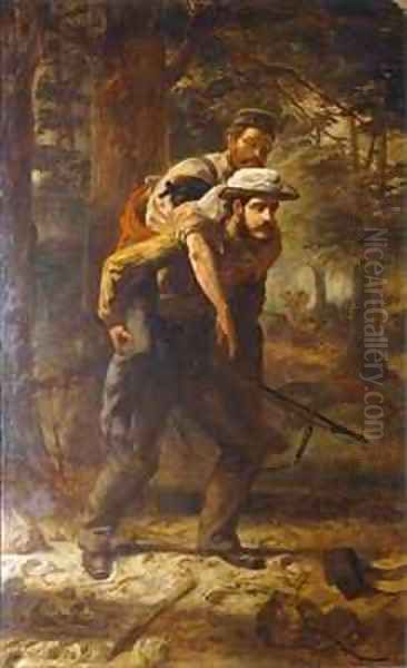 Ross Lewis Mangles 1833-1905 saving a wounded soldier of the 37th Regiment during the Indian Mutiny of 1857 Oil Painting by Chevalier Louis-William Desanges