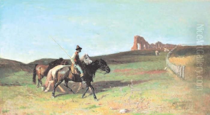 Buttero Fra Le Rovine Di Un Acquedotto Romano Oil Painting by Giuseppe Raggio