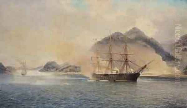 Naval Battle of the Strait of Shimonoseki Oil Painting by Jean Baptiste Henri Durand-Brager