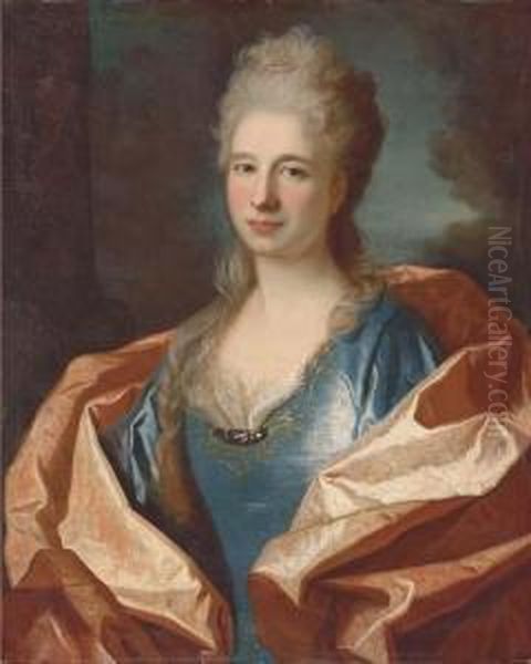 Portrait Of A Lady, Bust-length,
 In A Blue Silk Dress Trimmed Withlace And Embroidered With Gold Thread 
And With A Pink Silk Shawl, Alandscape Beyond Oil Painting by Jean Ranc