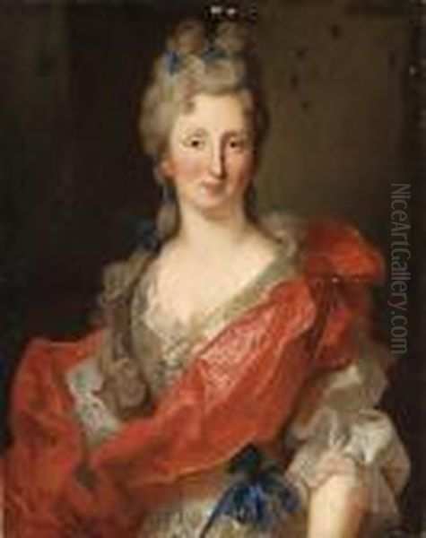 Portrait Of A Lady, Said To Be 
Madame L.a. De Crozat, Marchale Debroglie, Half Length, In A White Dress
 And A Red Drape Oil Painting by Jean Ranc