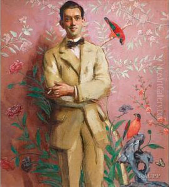 Vor Tapete Mit Farbenfrohem 
Chinoiseriedekor Stehenderjunger Mann In Hellem Anzug, Eine Zigarette In
 Der Linken Handhaltend Oil Painting by William Bruce Ellis Ranken