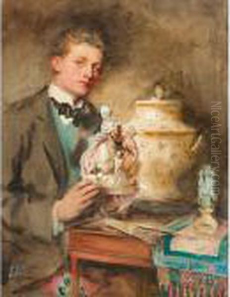 Halbfigurenbildnis Eines 
Jungenantiquitatenhandlers, Eine Porzellanene Figurinengruppe Haltend Oil Painting by William Bruce Ellis Ranken