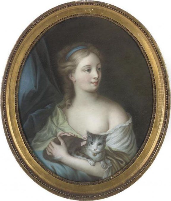 Portrait Of A Young Girl, 
Bust-length, Holding Her Cat; Andportrait Of A Young Girl, Bust-length, 
In A White Dress Oil Painting by Jean Raoux