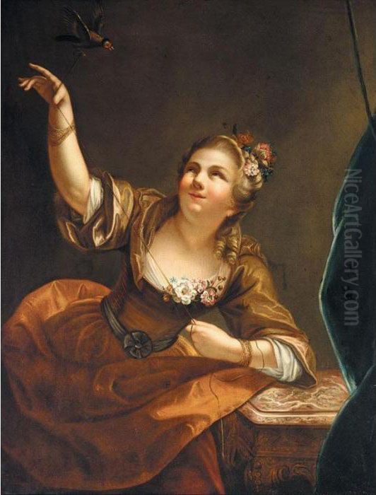 An Interior With A Young Girl Playing With A Song Bird Oil Painting by Jean Raoux